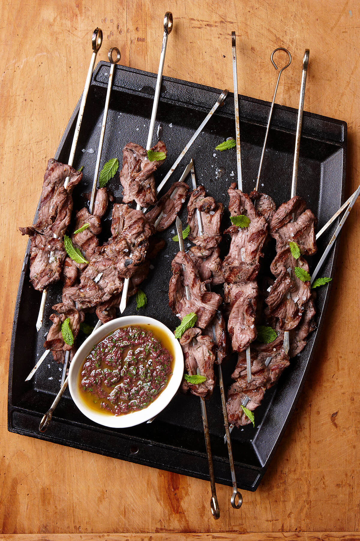 Grilled Lamb Skewers with Mint and Olive Vinaigrette