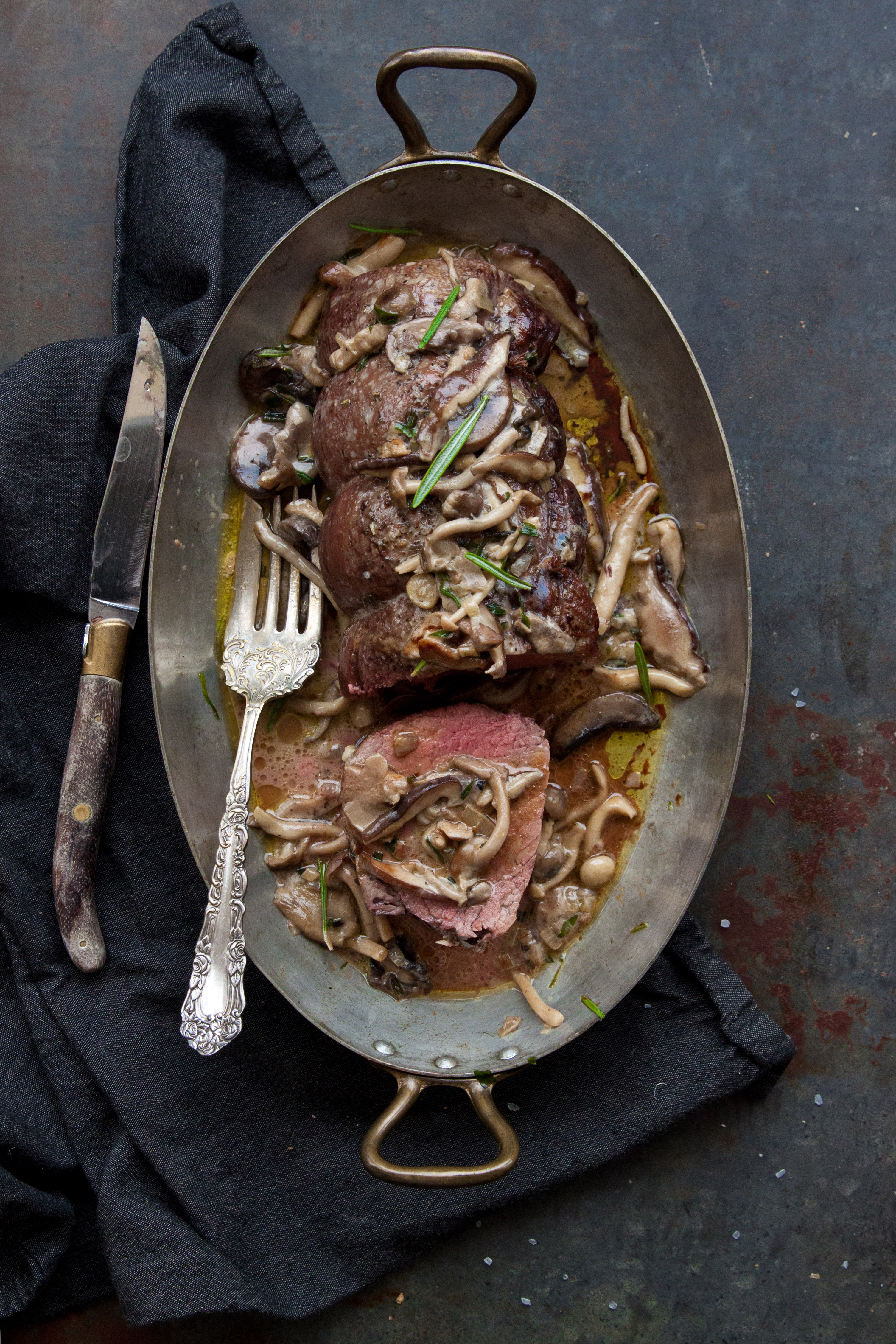 Rosemary Beef Tenderloin with Wild Mushroom Cream Sauce. - Half