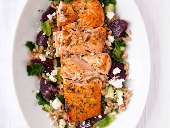 Farro and Salmon Salad with Beets and Greens