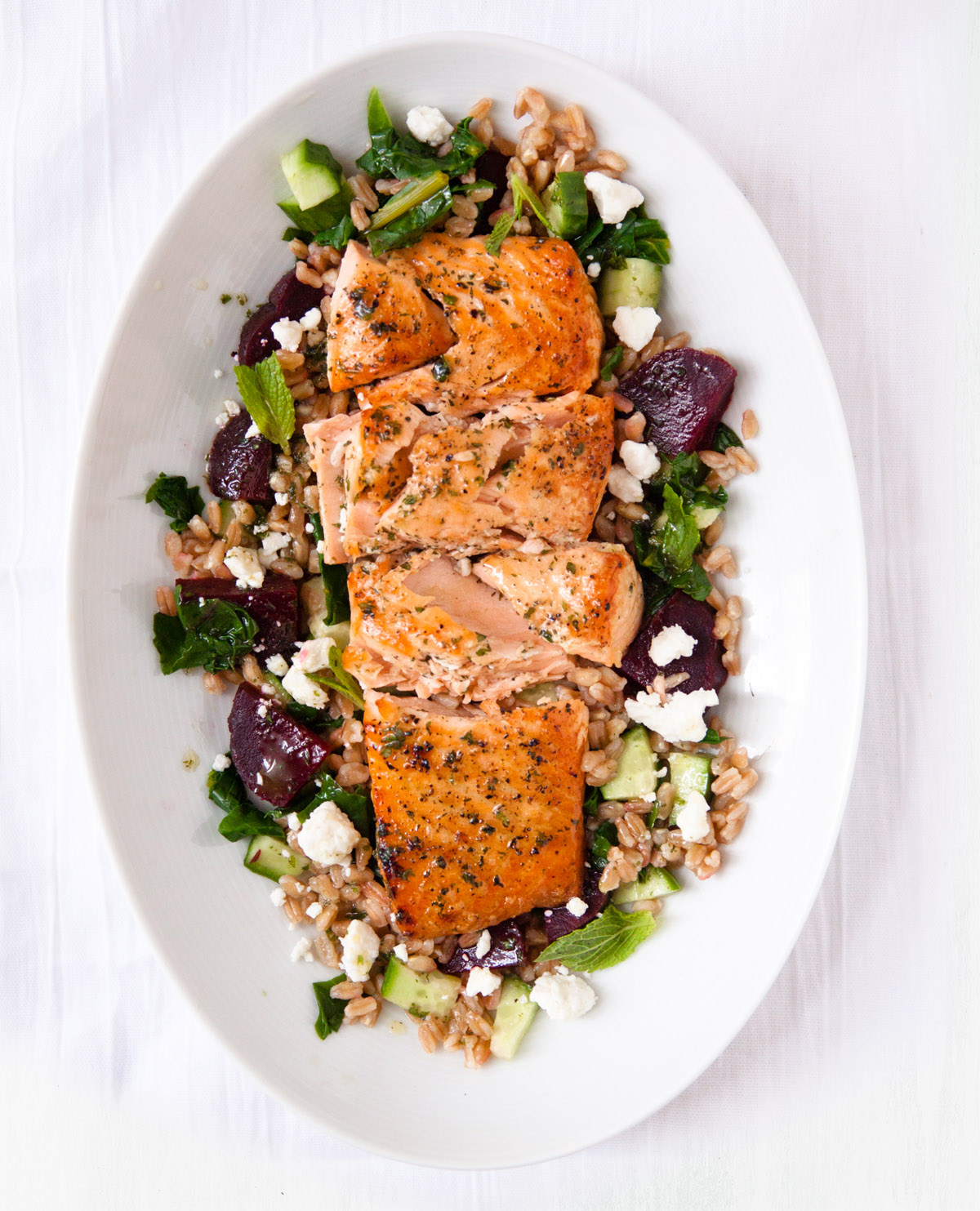 Farro and Salmon Salad with Beets and Greens