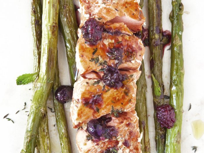 Grilled Salmon with Asparagus and Berry Sauce