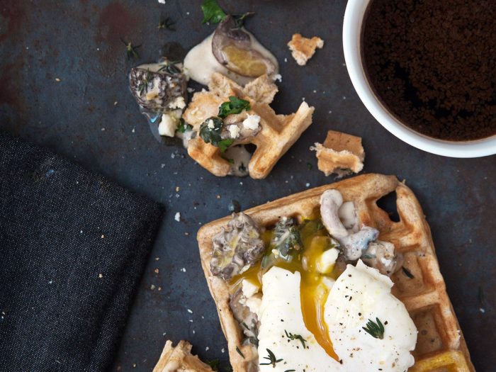 Waffles with Mushroom Sauce and Poached Eggs