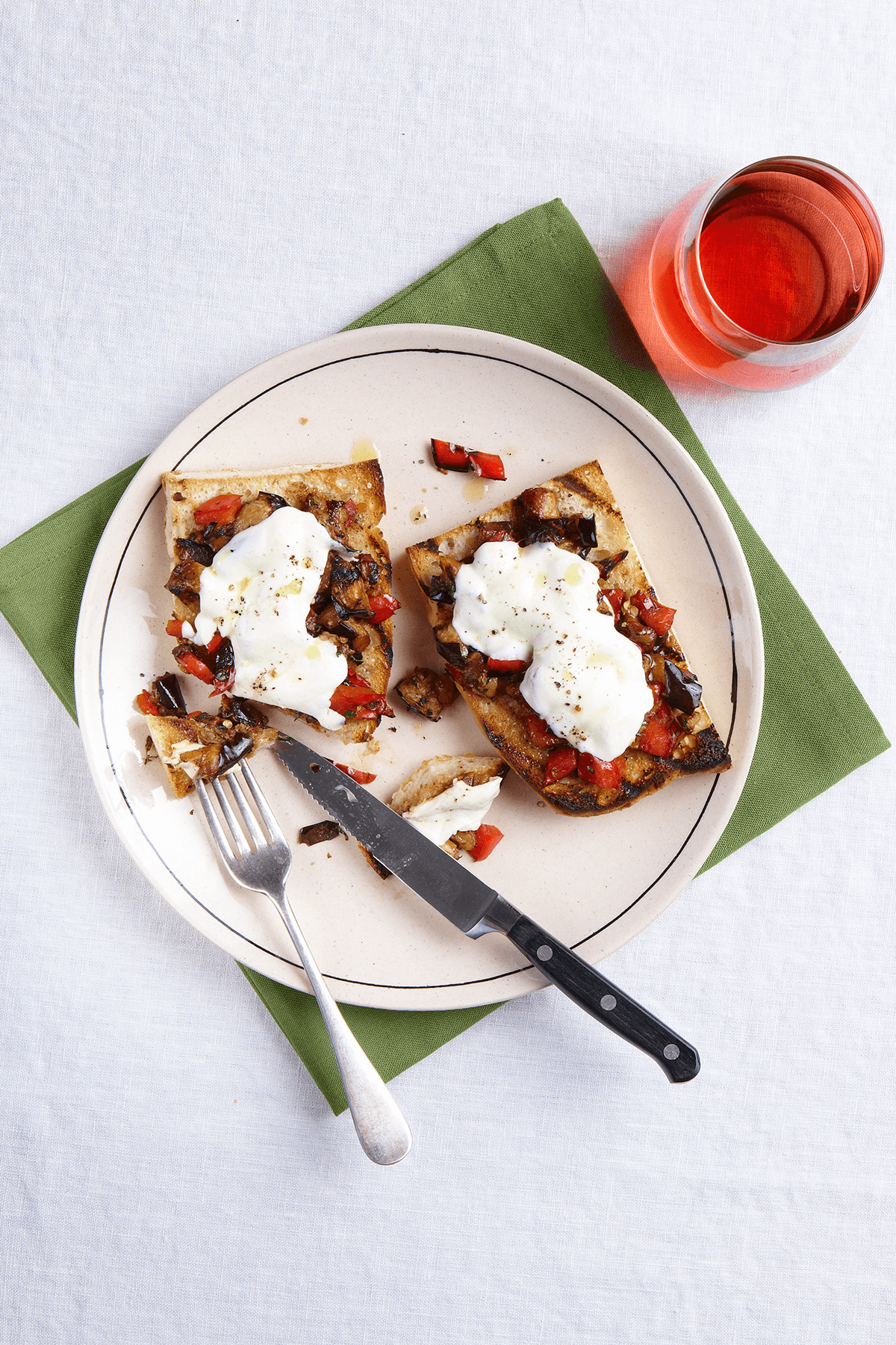 Open-Face Sandwich with Mozzarella, Charred Peppers, and Eggplant