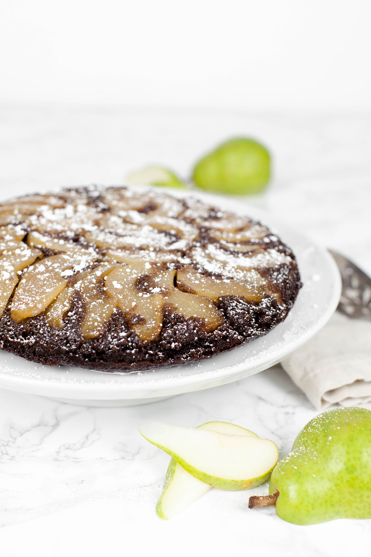 Upside Down Chocolate Pear Olive Oil Cake