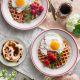 Beet Waffles with Maple Creme Fraiche and Sunny Side Up Eggs