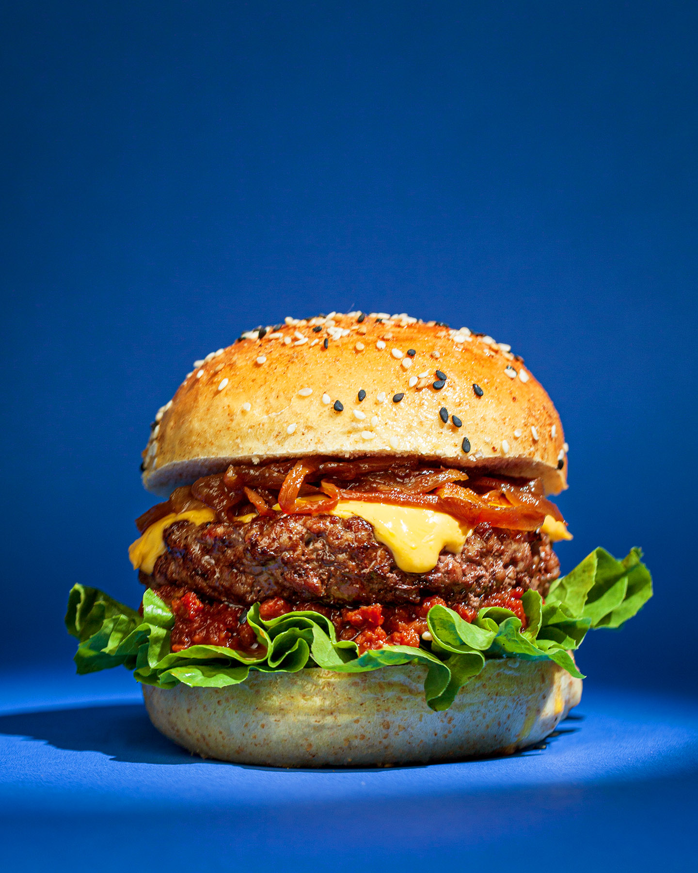 Beef Burger with Caramelized Onions and Sun-Dried Tomato Ketchup ...