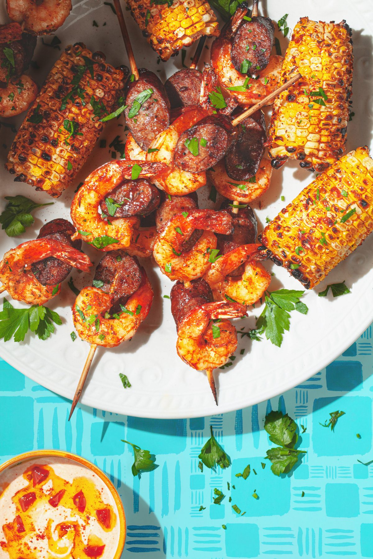 Cajun Shrimp And Sausage Skewers With Spicy Grilled Corn Colavita Recipes