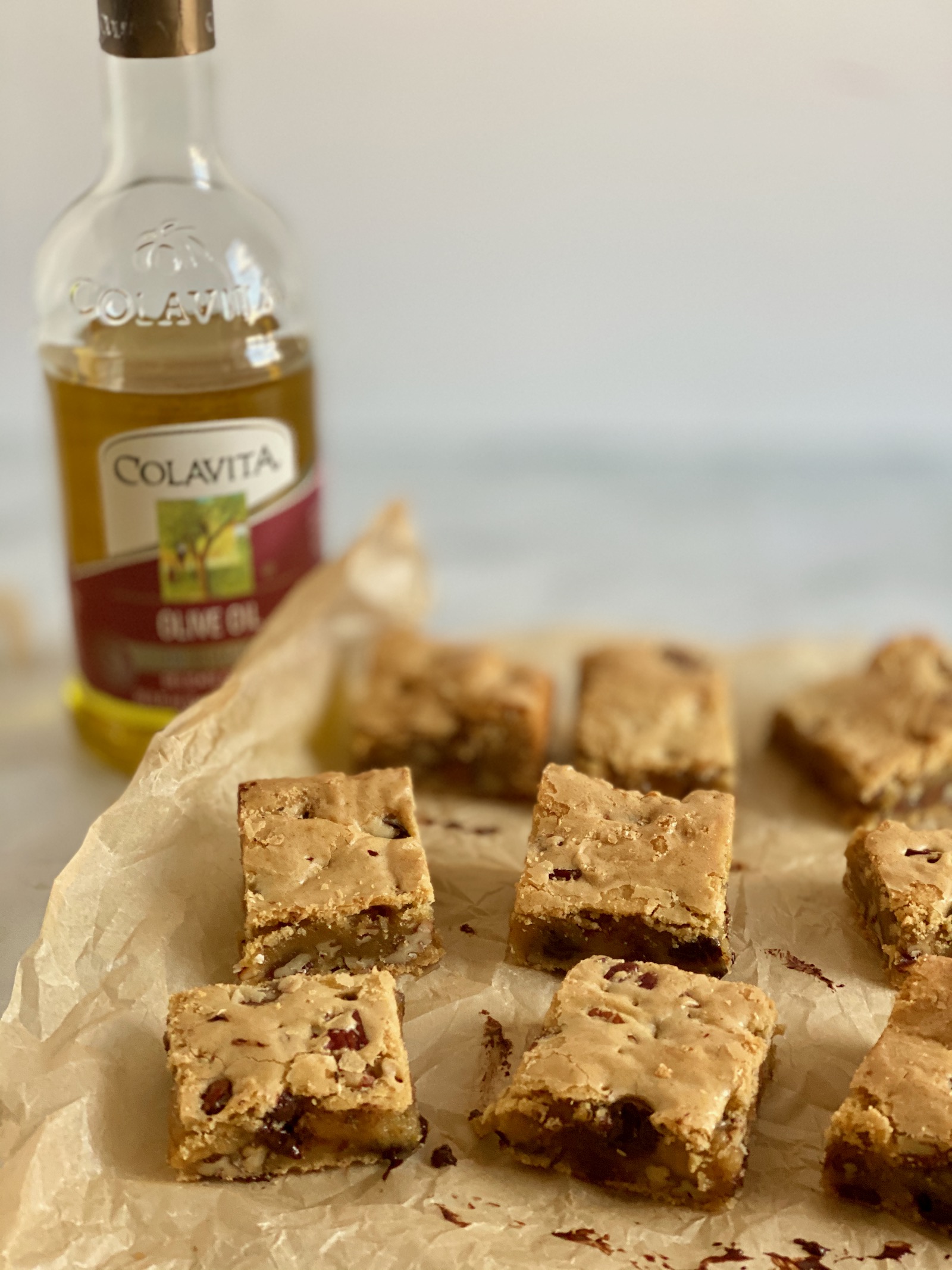 Double Chocolate Chunk Blondies with Pecans and Olive Oil by Jessie Sheehan - Colavita Recipes